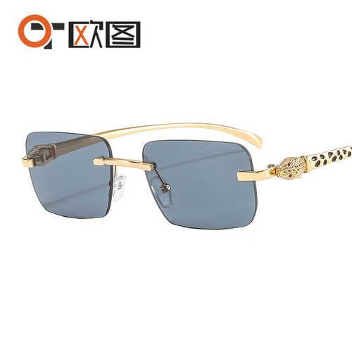 Colorful leopard head decoration frameless small square sunglasses fashion retro trend personality cross-border sunglasses 6060