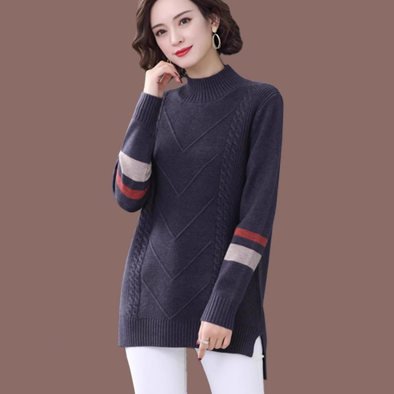 半高领毛衣新款女装秋冬2025新款撞色中长款针织打底衫内搭上衣|undefined