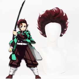 cosplay鬼灭之刃 有猫饼灶门炭治郎红色渐变反翘造型款动漫假发套