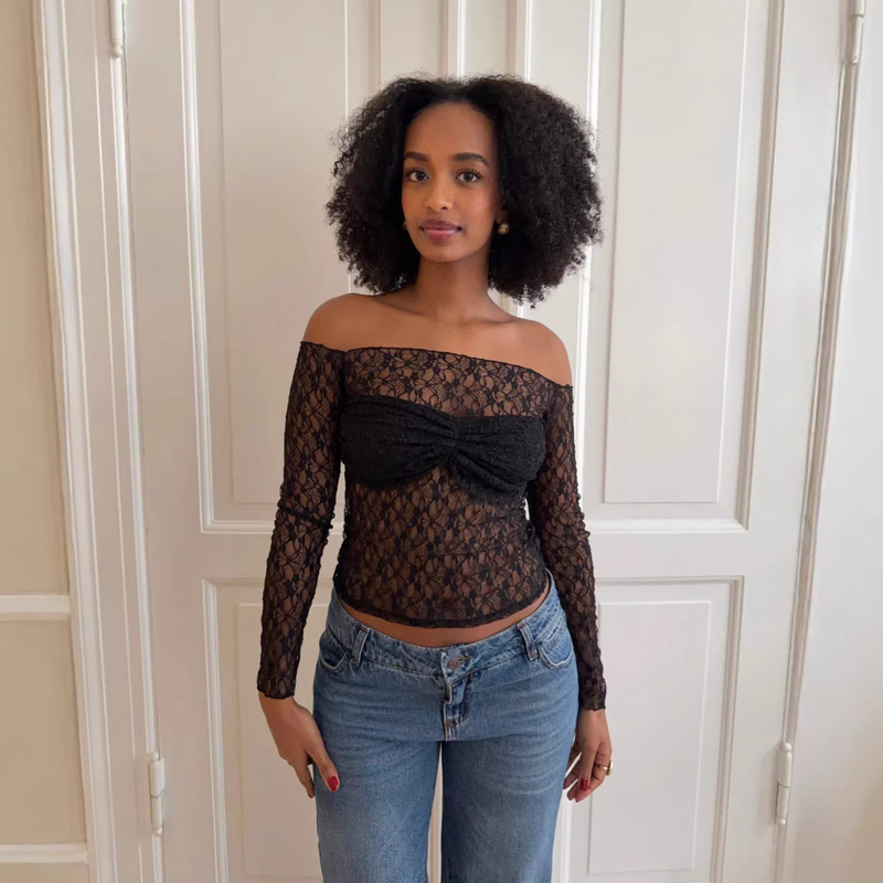 European and American Cross-Border New Women's Fashion Sexy Slim-Fit Waist-Cinching Hot Girl One-Shoulder Lace Mesh See-Through Outerwear Top European and American Cross-Border New Women's Fashion Sexy Slim-Fit Waist-Cinching Hot Girl One-Shoulder Lace Mesh See-Through Outerwear Top