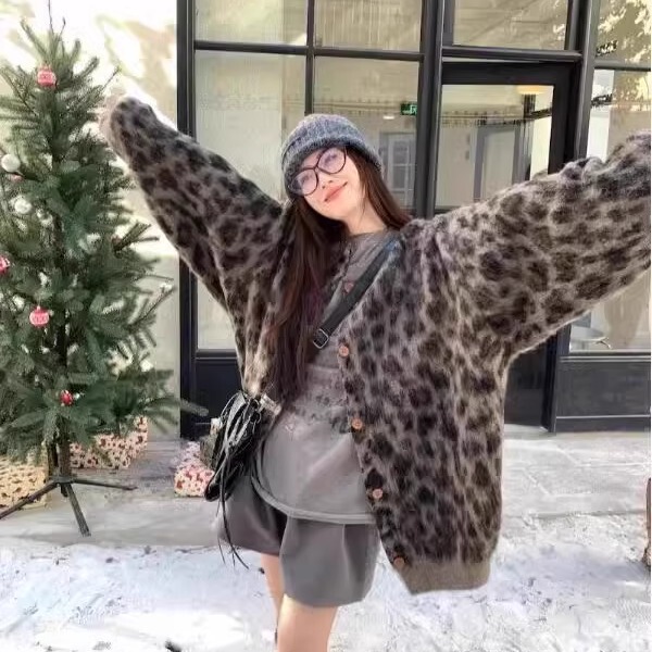 美拉德豹纹毛衣开衫女秋冬2025新款加厚中长款慵懒风针织衫外套女|undefined