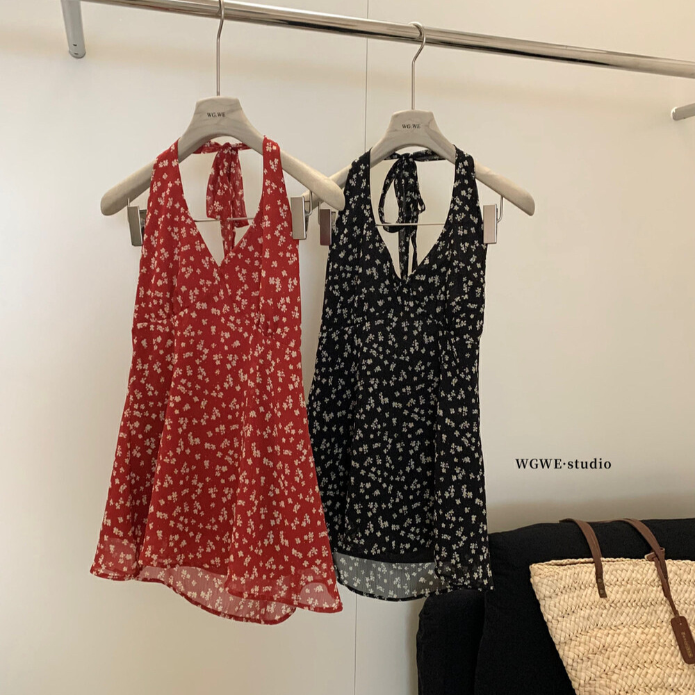 WGWE estilo de vacaciones con cuello en v floral halter chaleco temperamento dulce chica caliente sin espalda playa camisa de gasa verano W5321 image 2