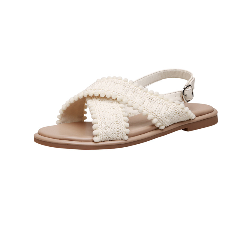 Dos versiones de sandalias planas de Grape Mom ~ Sandalias y pantuflas de punta abierta tejidas cruzadas estilo vacaciones verano femenino