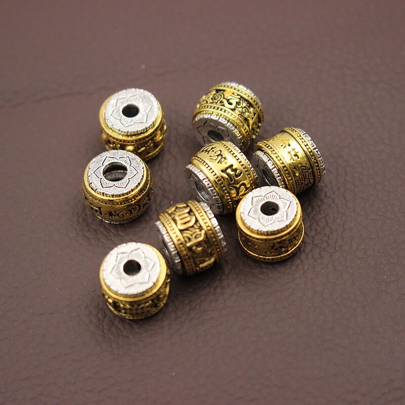 Two-color Rotatable Bead Bracelet Beads Six-character Proverbs Body Protection Transfer Bracelet Beads Xizang Silver Jewelry Accessories