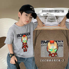 跨境批发亮灯纯棉男童T恤衫夏季卡通钢铁侠印花儿童装发光衣短袖