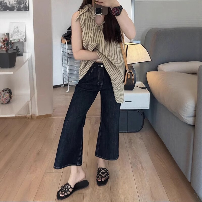 High-Waisted Slim-Fit Cropped Wide-Leg Pants 2025 Summer New Style Petite Blue Versatile Flared Jeans for Women