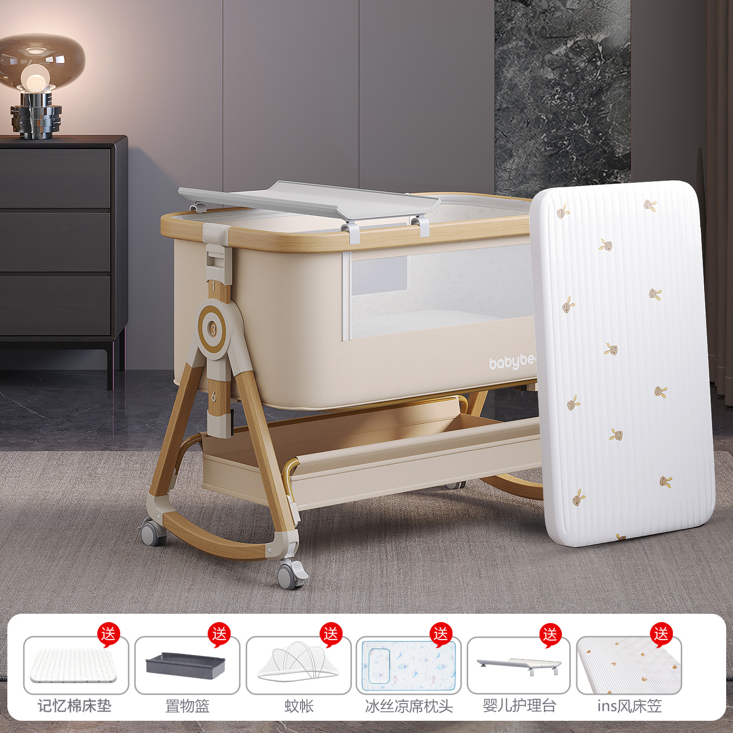 Cama para bebés, cama de empalme grande, cama móvil y plegable portátil, cama de cuna para bebés ajustable, cama BB anti derramamiento de leche image 26