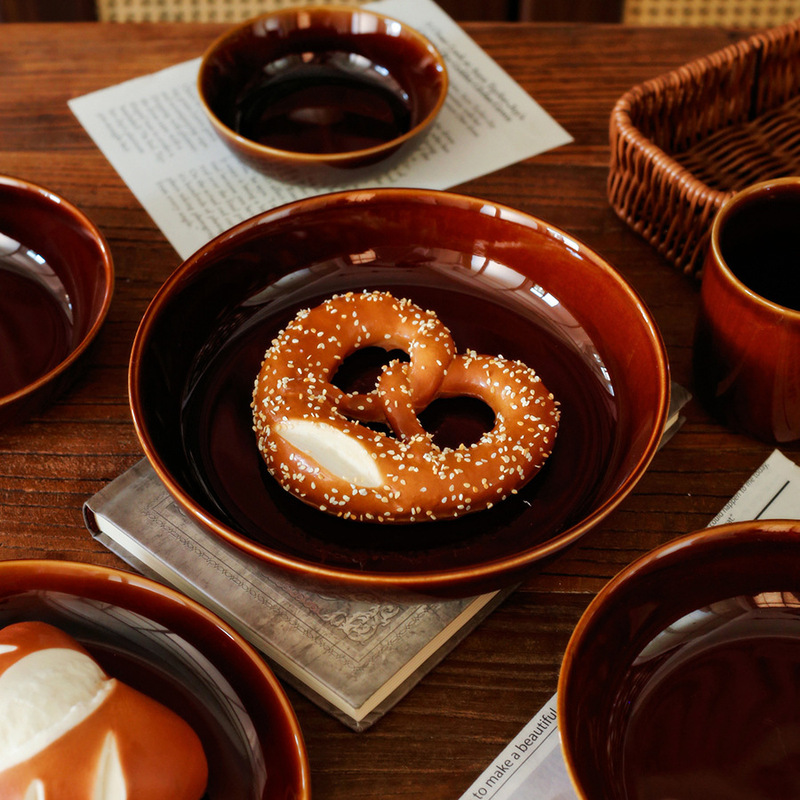 Retro Ceramic Tableware Set Caramel Series Deep Plate Round Plate Household Dish Plate Rice Bowl Mug Soup Bowl Bread