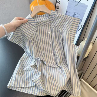 2748#CHAO级推荐~条纹立领短袖衬衫女夏法式宫廷风休闲百搭上衣