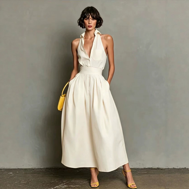 2026 Amazon European and American cross-border new summer solid color casual trendy sexy sleeveless shirt collar dress for women