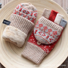 针织羊毛手套女秋冬季翻盖露指保暖加绒加厚防寒学生骑车羊绒手套