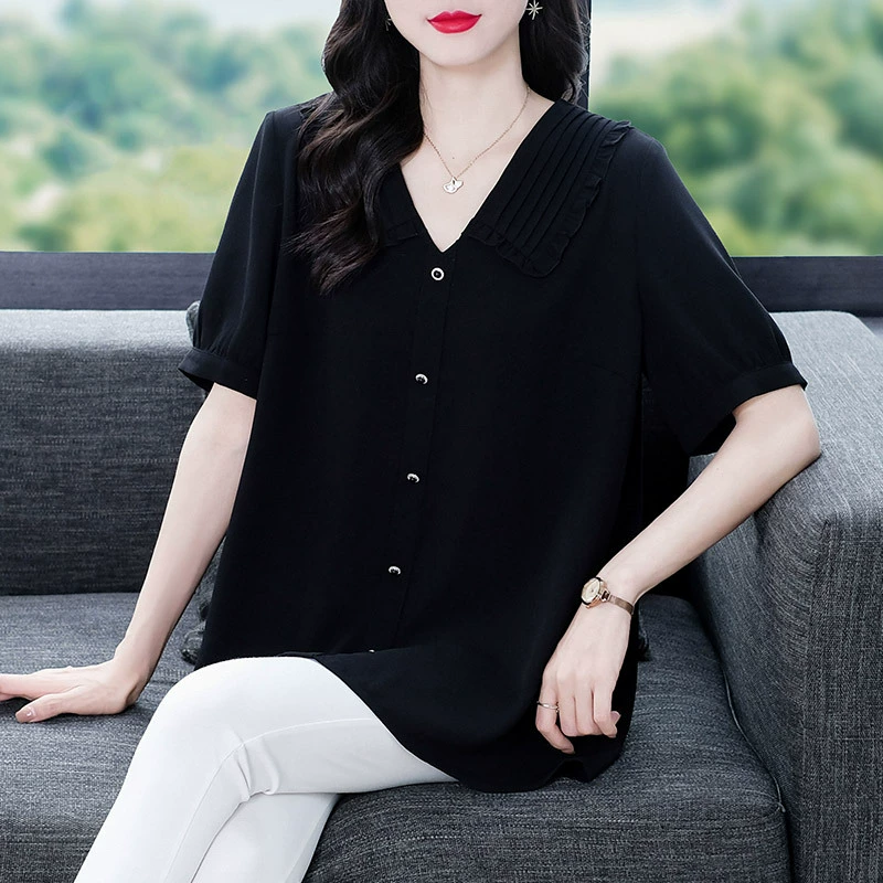 Плюс размер, Летний Новый Свободный кардиган с маленькими лацканами, шифоновая рубашка, Женский Топ, Элегантная универсальная женская одежда среднего возраста