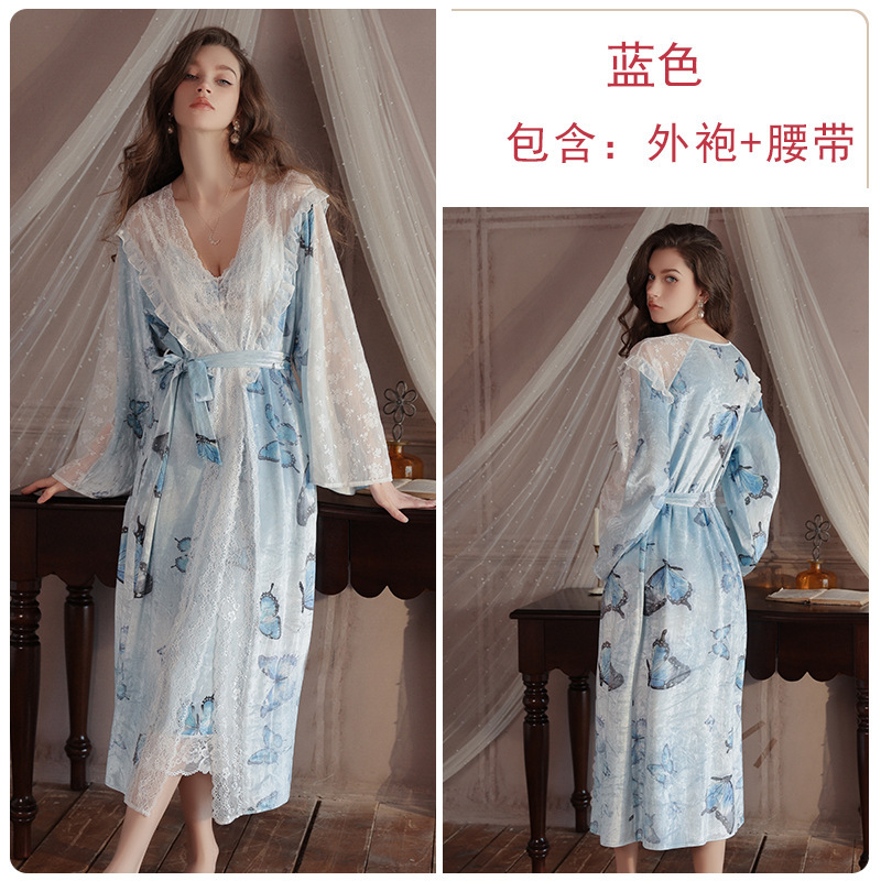 瑰若纯欲慵懒印花睡衣激情深V加胸垫丝绒女睡裙外袍家居套装4827|undefined
