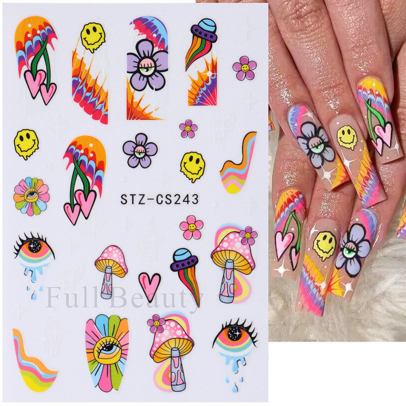 Cross-border New nail Art Stickers Rainbow Flower Abstract Eye Art Adhesive nail Stickers Wholesale nail