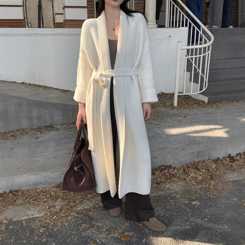 [Real shot] Lazy Style Elegant Knitted Cardigan Laps Mid-length Loose Bathrobe Style Lace-up Sweater Coat for Women