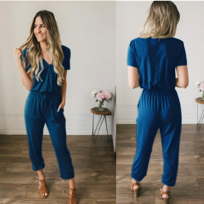 Cross-Border 2023 Amazon Hot Style Wish Autum Casual Women's Clothing New European and American Hot Selling Deep V Cross Jumpsuit