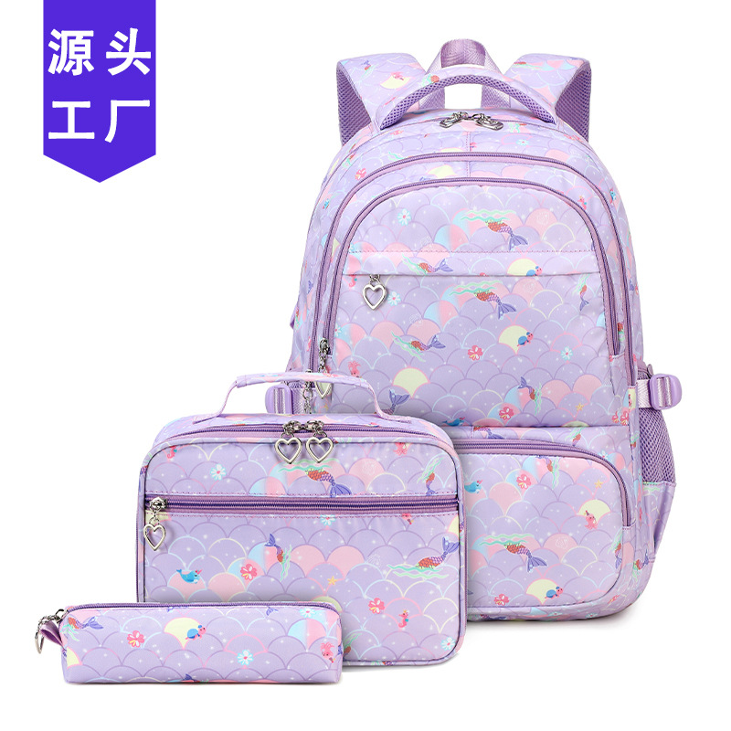 New cross-border mermaid print three-piece set for elementary school girls: large-capacity backpack, insulated lunch bag, and pencil case