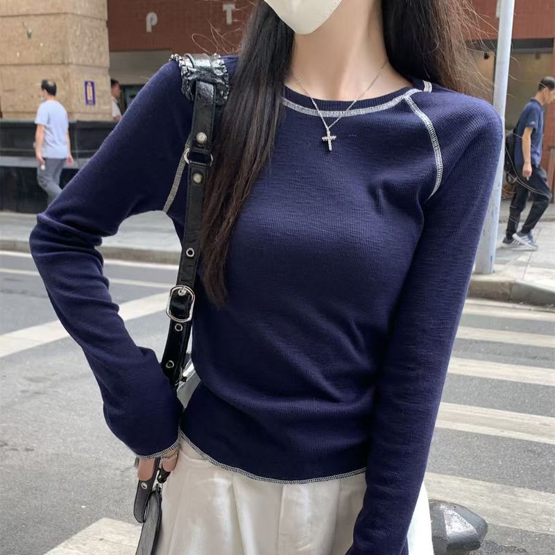 明线设计打底衫女春秋季圆领插肩反线设计感长袖内搭T恤打底上衣|undefined