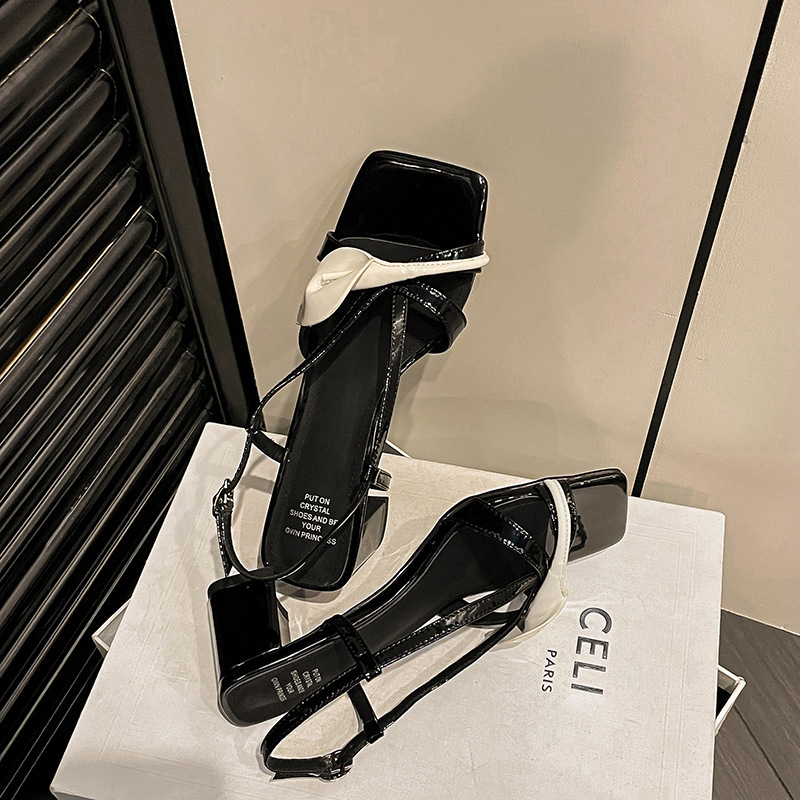 Sandal nữ da bò hoa Calla gót vuông 6 cm quai mảnh khóa đầu vuông da thật ghép màu hở ngón — Màu đen, Màu vàng, Màu trắng be chi tiết 36