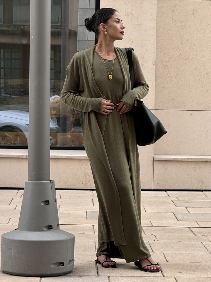 Bộ đầm dài kèm áo cardigan dệt kim dài tay nữ — Màu cà phê đậm, Màu hồng, Màu trắng, Màu xám chi tiết 79