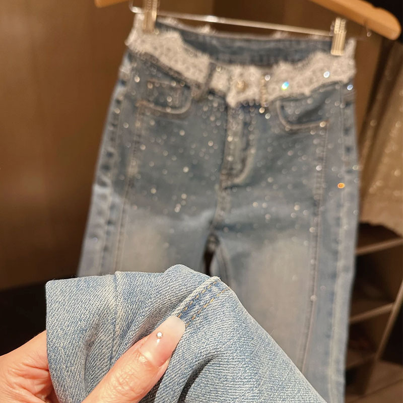 High Waist Rhinestone Split Slightly Flared Jeans - Side View