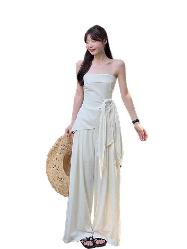 高级感不规则绑带收腰无袖抹胸背心女夏季新款高腰显瘦阔腿裤套装|undefined