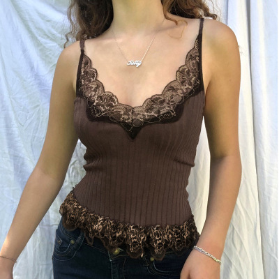 2020歐美新款女裝性感不顧則V領蕾絲花邊小吊帶修身背心上衣代發