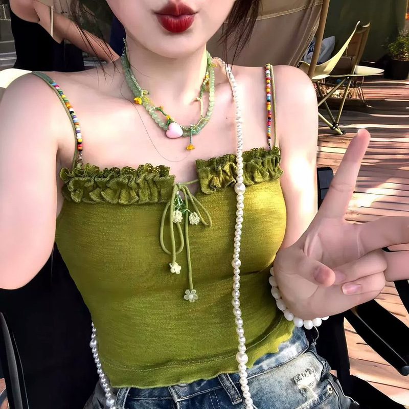 Bow Strap Backless Sweet Spicy Style Girl Sling Belt Rainbow Bailite Color Beaded All-match Beautiful Back Small Vest