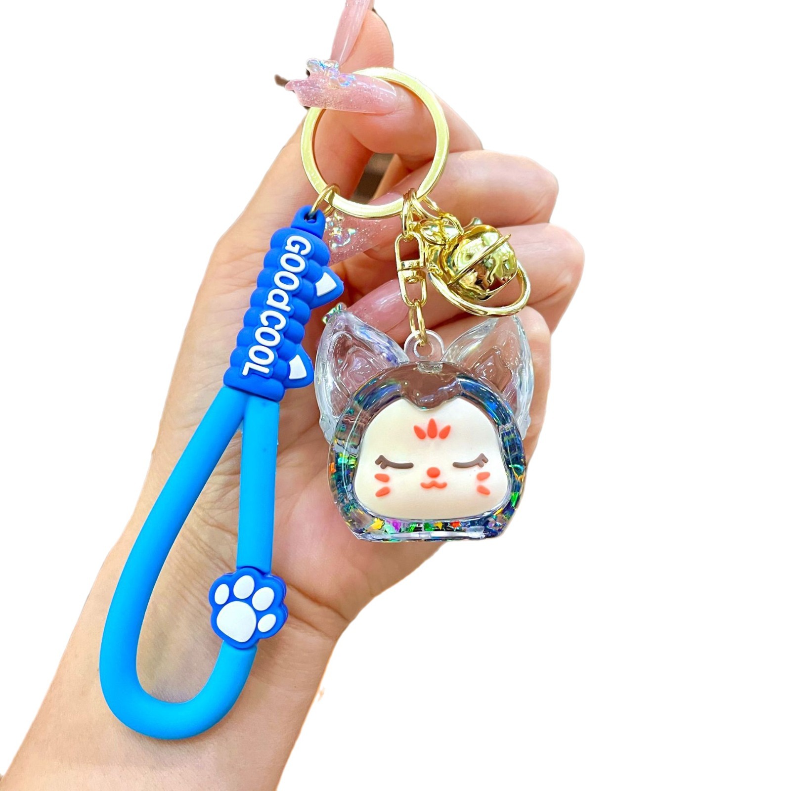 Nuevos productos acrílicos en aceite flotante botella de arena luminosa brillante nocturna KiKi zorro muñeca llavero mochila colgante bolsa al por mayor