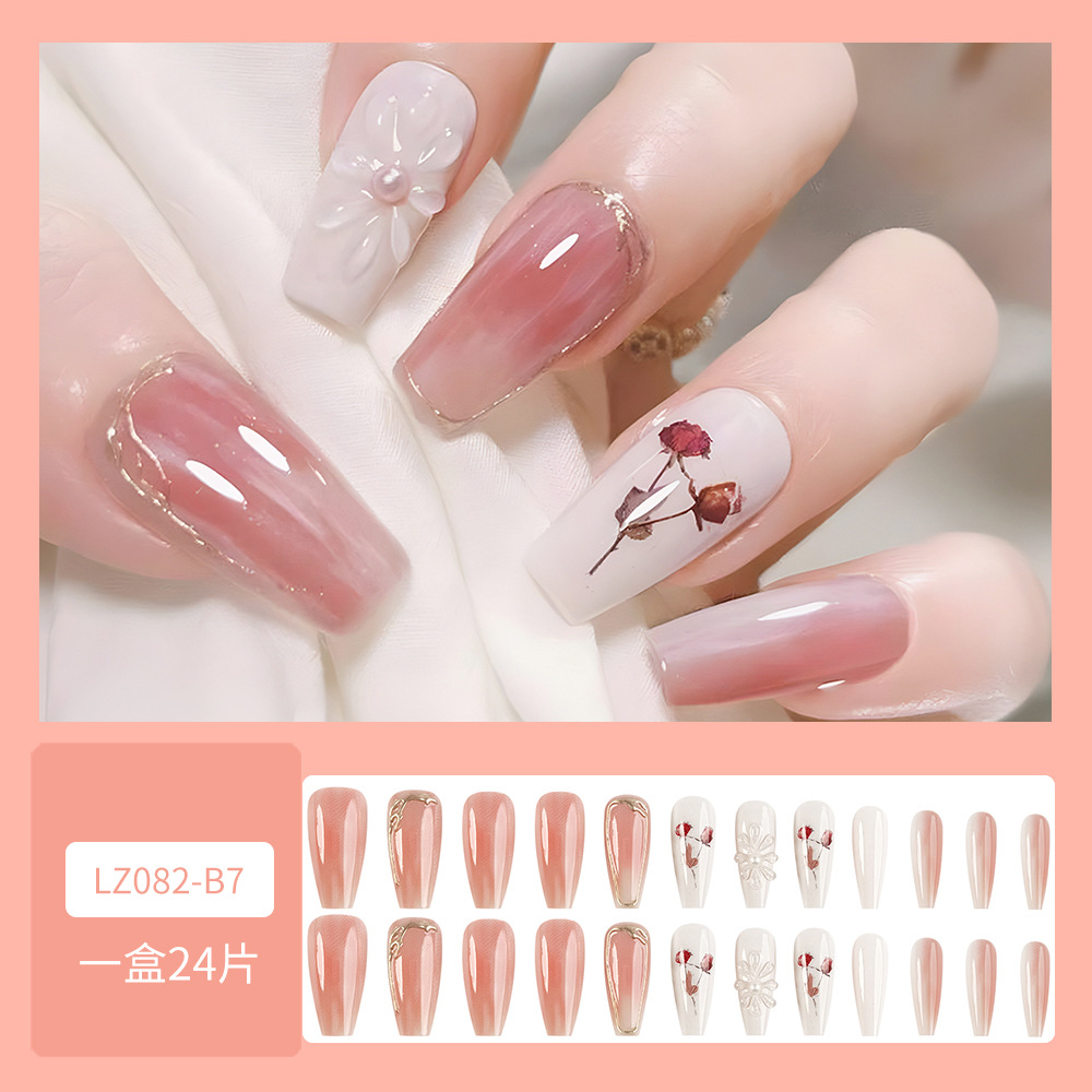 3D polvo estereoscópico rosa blanca manicure ballet manicure elegante suave perforación de uñas 24 piezas parches de uñas de oro de licor