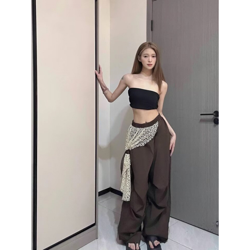 アメリカンカジュアルストリートプリーツパーソナライズフェイクツーピースカジュアルパンツ女性用、ハンサムなデザイン、スリムで多用途なワイドレッグパンツ