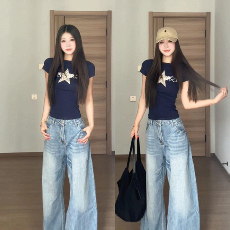 Korean Retro Five-Pointed Star Letter Navy Blue Short-Sleeved T-Shirt for Women 2026 Summer Slim Fit Casual Top for Women