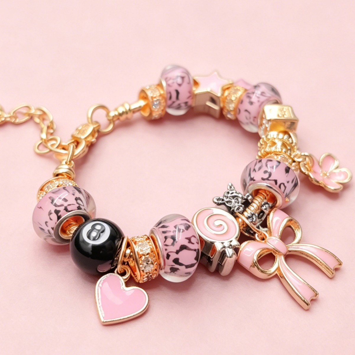 Pan pulsera rosa sexy estampado leopardo negro ocho pulsera amor pentagramas arco colgante joyas de moda image 4