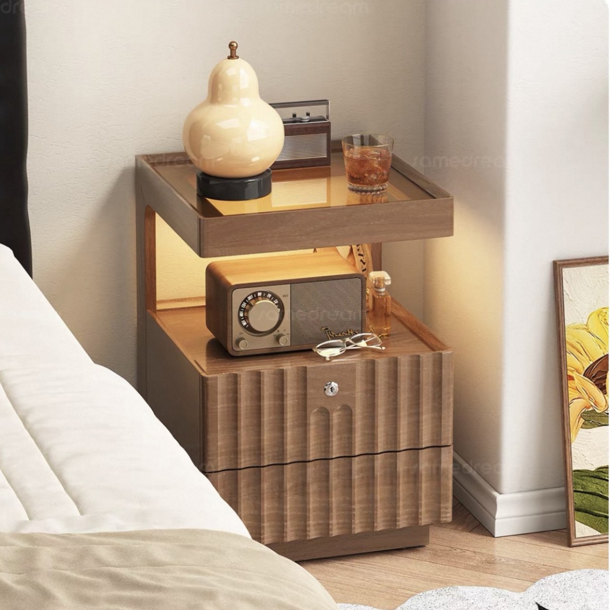 One-Piece Drop-Shipping Bedside Table Made of Solid Wood for Bedroom, Home Use, Light Luxury, High-End Feel, Sofa Side Table, Simple Bedside Cabinet with Wheels