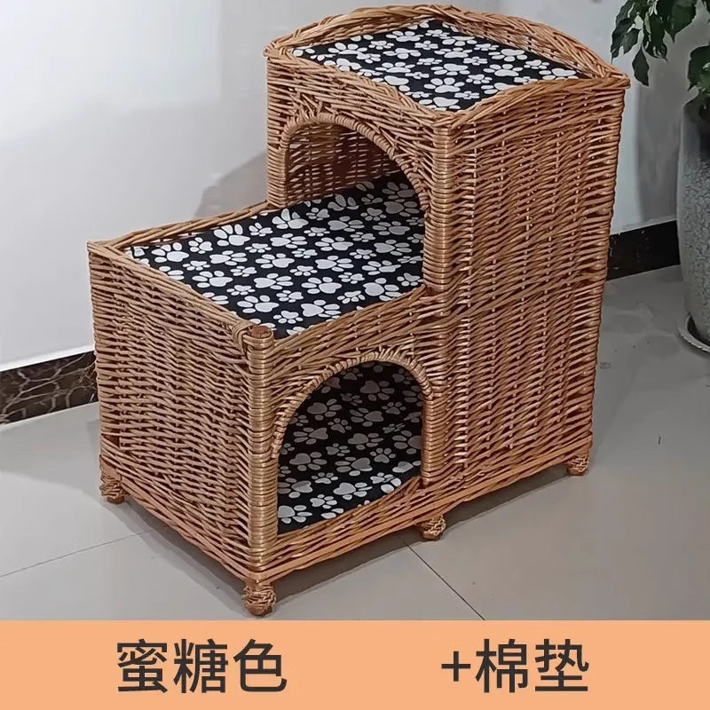 Casa de verano universal de cuatro estaciones de ratana trapezoidal tejida felina de cachorro tejida de sauce de doble capa desmontable y lavable para mascotas