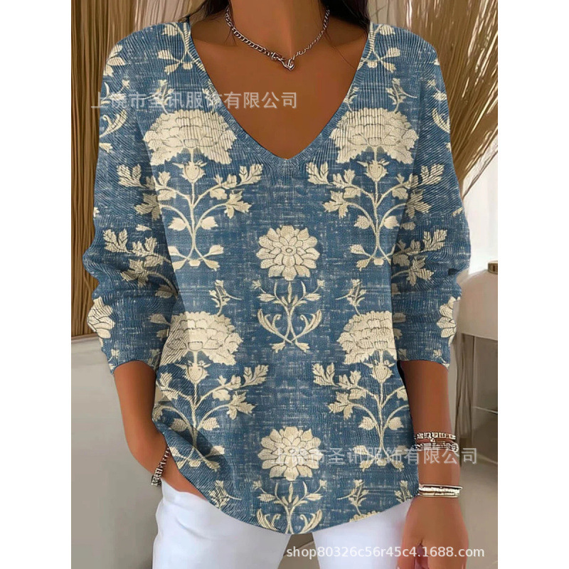 欧美跨境独立站新款3D印花女士时尚渐变色V领长袖T恤上衣|undefined