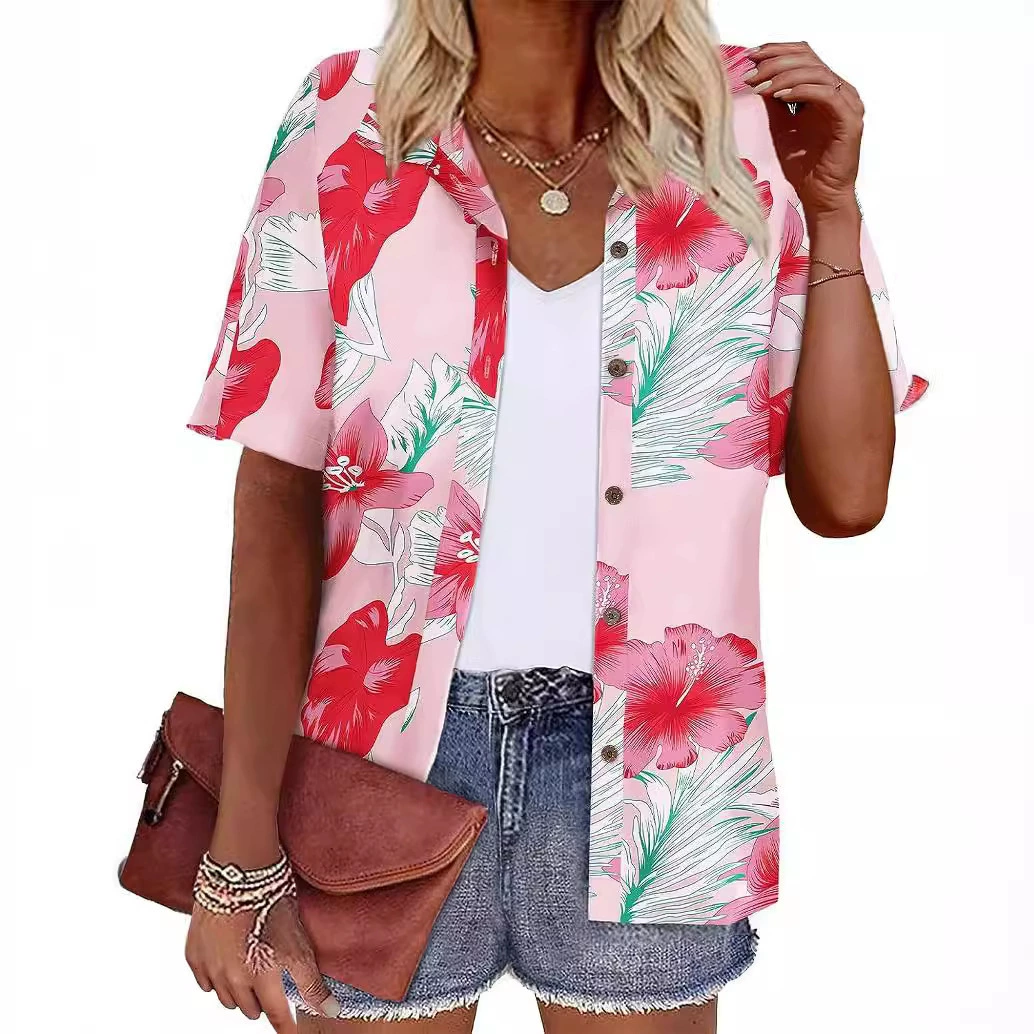 Европейская и американская женская одежда Amazon 2023 летний новый топ с короткими рукавами и лацканами с принтом гавайский стиль женская рубашка