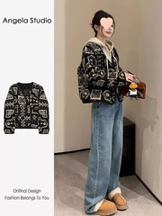 新中式轻国风复古黑色印花领双排扣羊羔毛绒外套女休闲加厚棉服