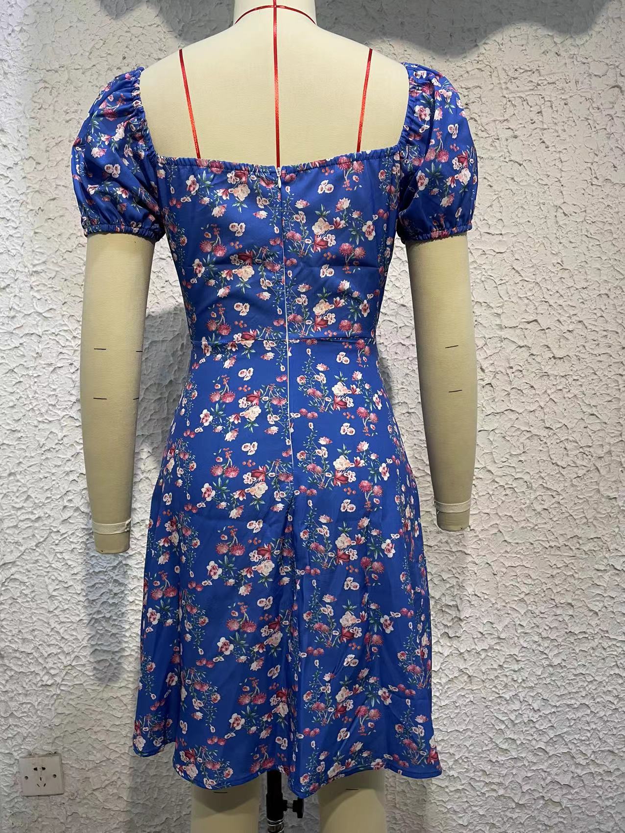 Fashion Ditsy Floral V Neck Short Sleeve Printing Button Polyester Above Knee A-Line Skirt