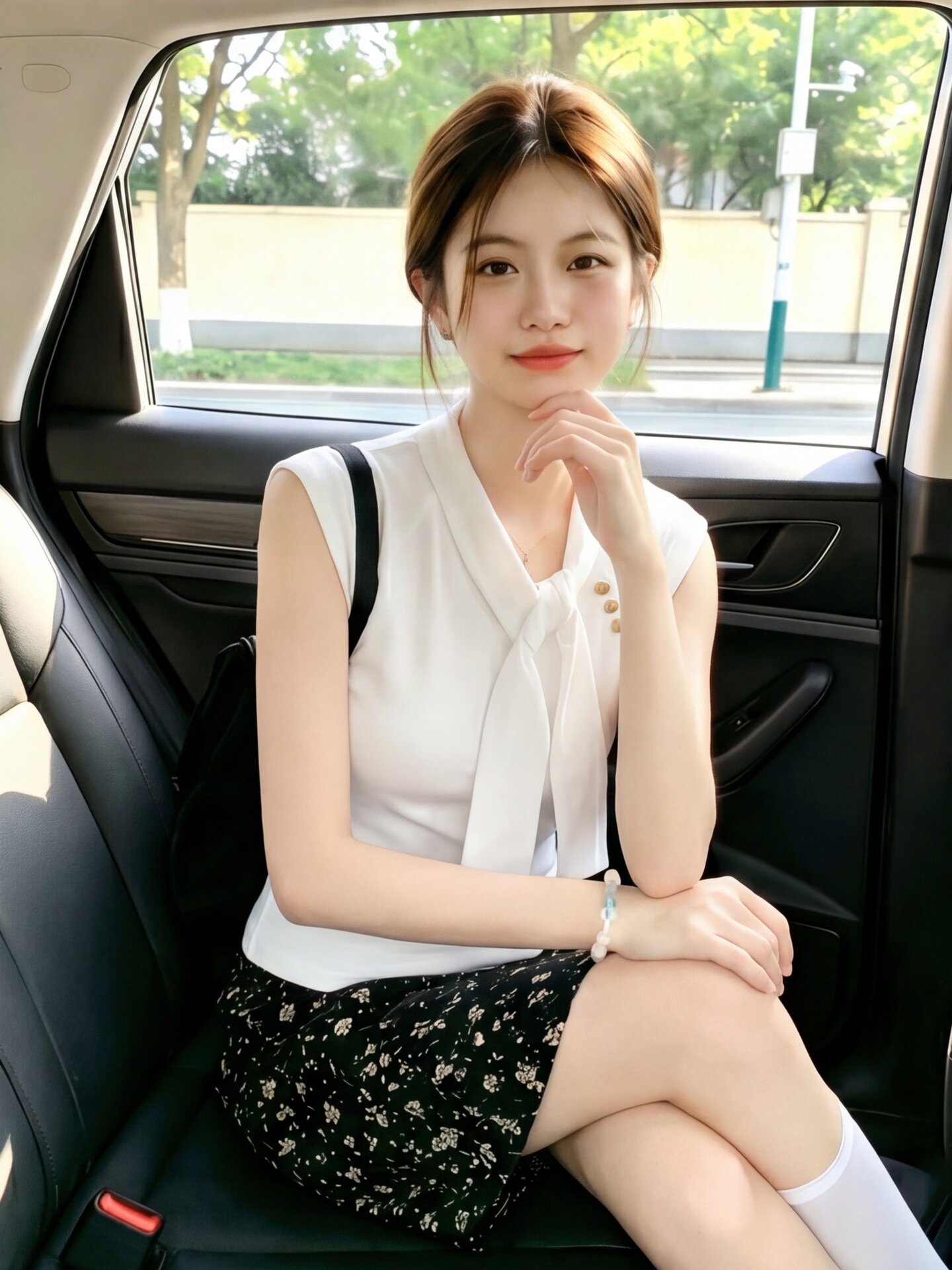 Áo thun ngắn tay nữ cổ tròn thiết kế dây buộc eo, tay lỡ, form suông — Xanh lông mòng đen