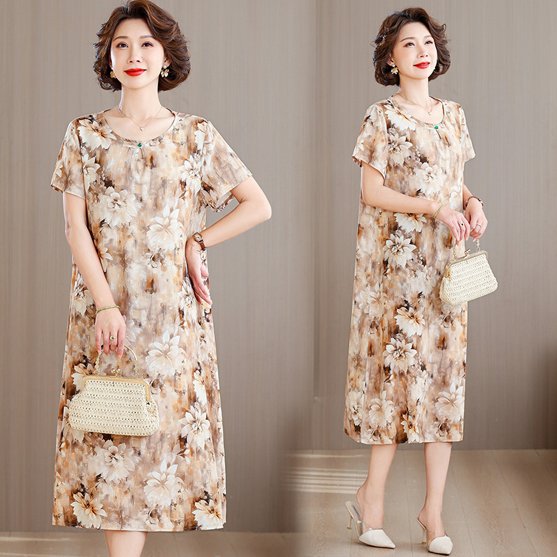 Summer Middle-aged New Middle-aged Mother's Cotton Silk dress Women's Fashionable Western Style Wide-range Wife Artificial Cotton Skirt