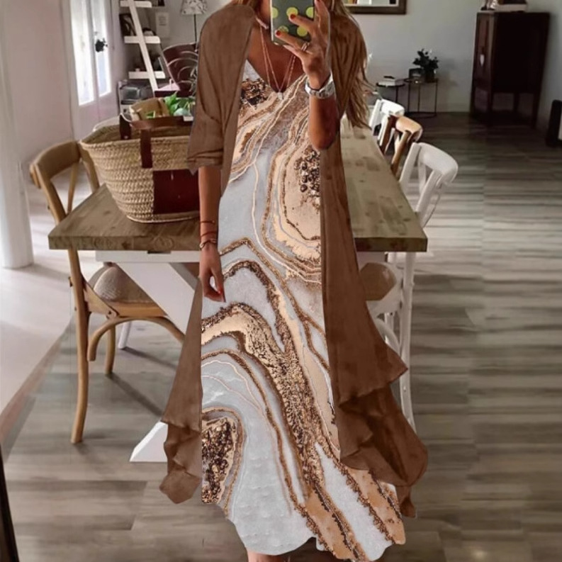 in stock Cross-border 2025 European and American Summer Women's Printed Vacation Strap Dress Indian Style Big Swing Dress Two-piece Set