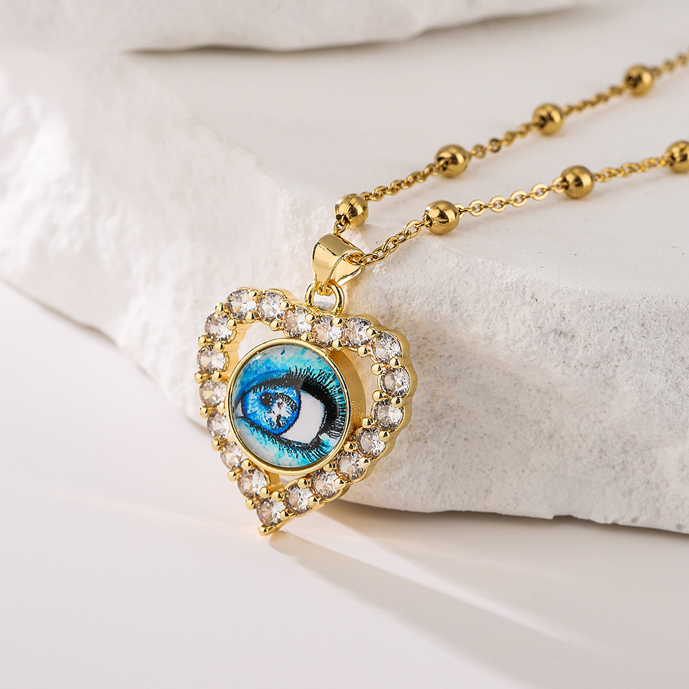 Fashion Heart Shape Eye Copper Inlay Zircon Pendant Necklace 1 Piece