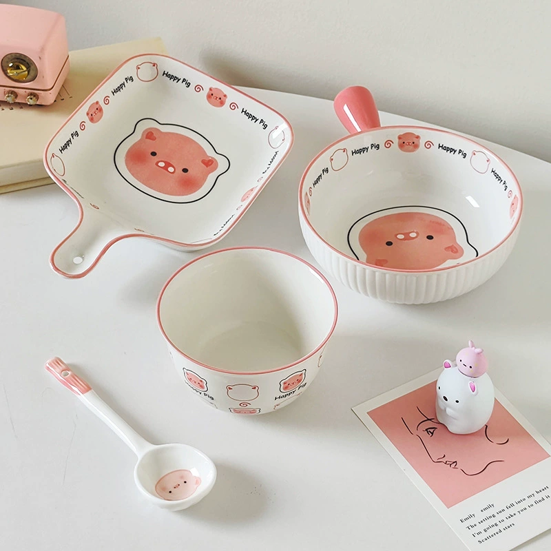 Ceramic tableware set, cute pig design, bowls and spoons, multiple set configurations