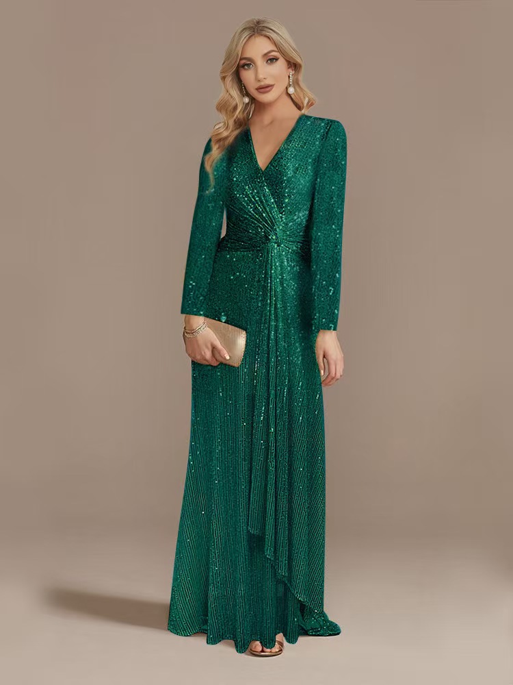 Elegantes Langarm Pailletten Abendkleid Für Damen Einfarbig_voghion.com