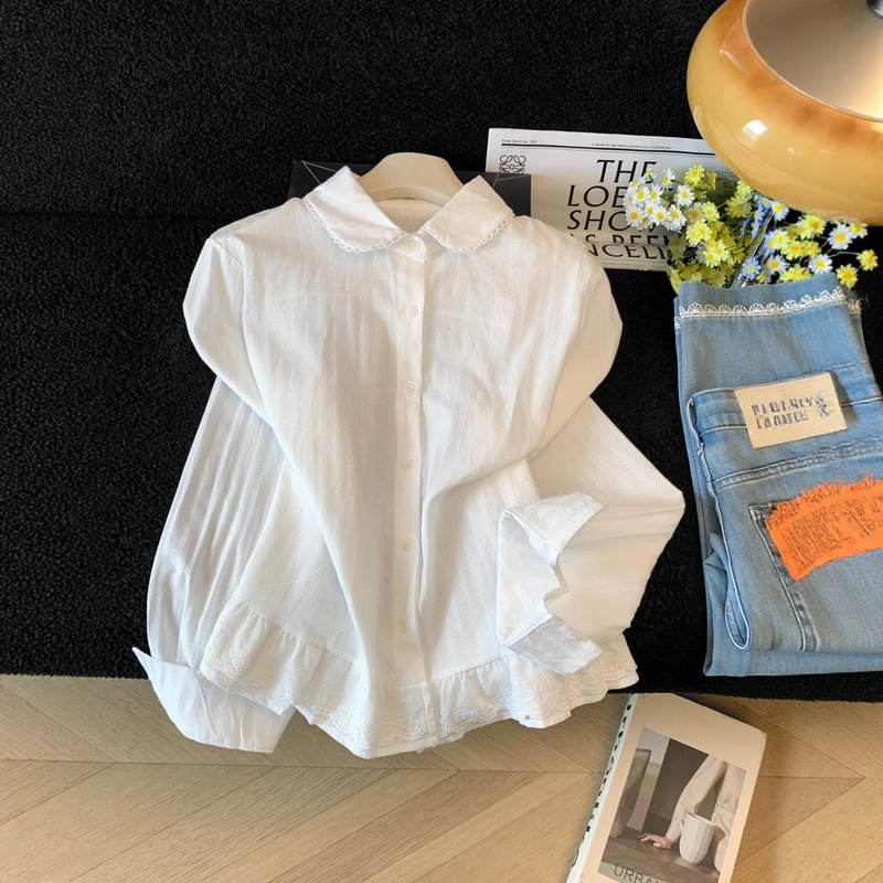 Korean Sweet Style White Ruffled Doll Collar Long Sleeve Shirt for Women, 2026 Autumn New Loose Slimming Top