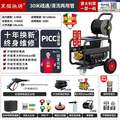 Black Cat High-Pressure Pipe Cleaning Machine Automatic Water Rat Professional Drain Cleaning Car Wash Machine Water Gun (Car washing machine) - small-household-dredging-cleaning-car-model-italian-brand-pump-two-phase-35-kilowatt-230kg-30m