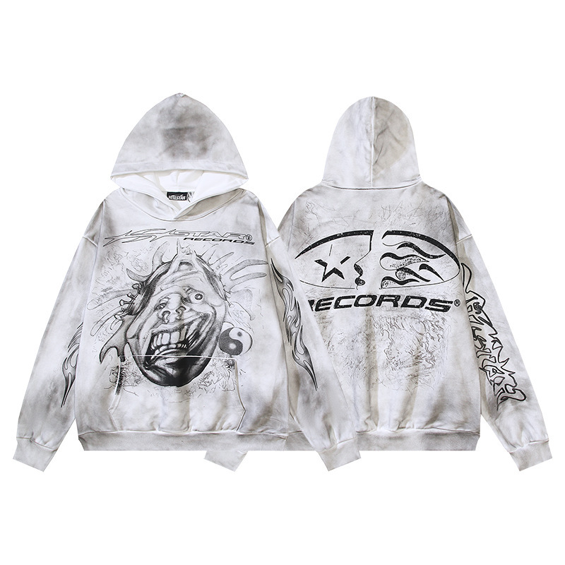 Hellstar ヨーロッパとアメリカのトレンディなブランド、ハイストリート、レトロ、ウォッシュド、ダメージ加工、プリント、ストリート、ルーズフィットのパーカー、男性用と女性用のスウェットシャツ|undefined