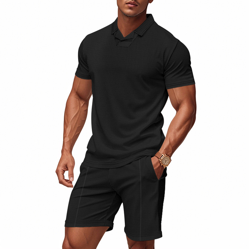 Men's American Style Relaxed Fit Summer Waffle Knit Polo Shirt And Shorts Set, Casual Breathable Two-Piece Outfit_viptrois.com