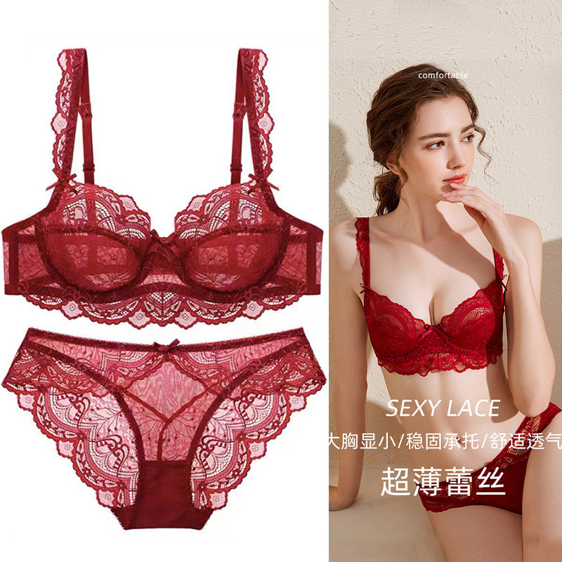 Red Thin Sexy Lace Cup Unpadded Big Breast Slimming Bra Intimates Breathable Set for Women in the Year of Birth